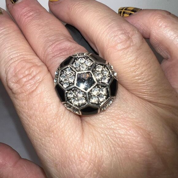 Silver Tone with Black Enamel and Crystals Cocktail Ring with Stretch Band - Picture 6 of 6